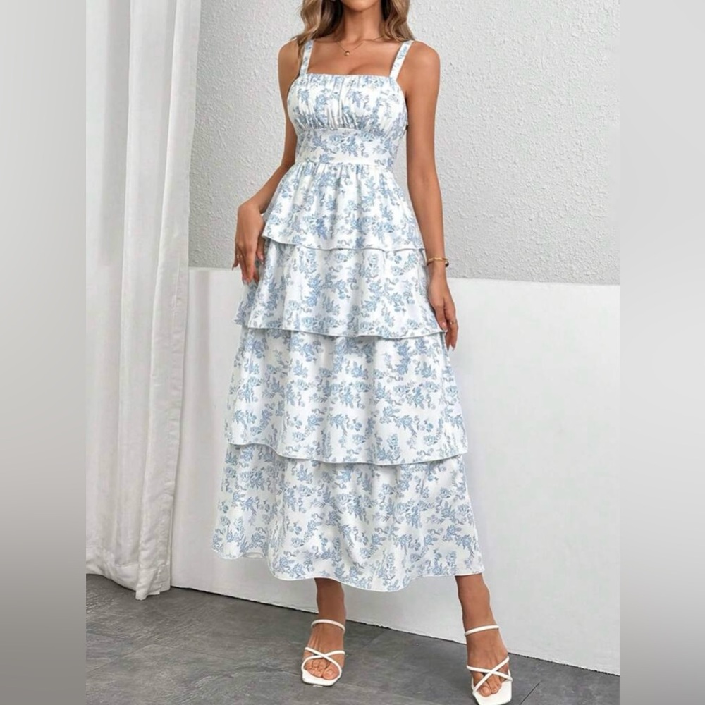 Blue Floral Tiered Dress